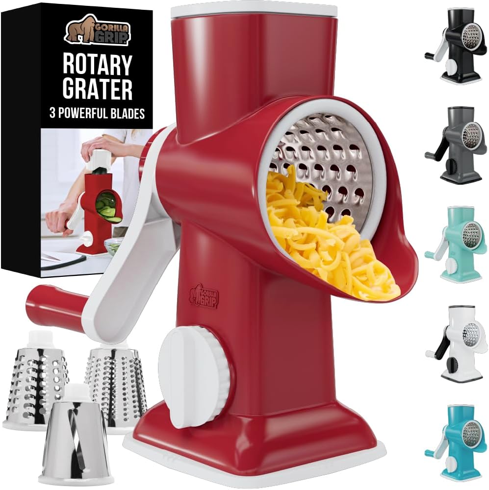 GORILLA GRIP Slip-Resistant Rotary Cheese Grater with 3 Interchangeable Blades to Shred Slice and Grate, Hand Crank Vegetable Chopper Mandolin, Slicer for...