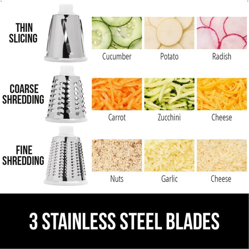 GORILLA GRIP Slip-Resistant Rotary Cheese Grater with 3 Interchangeable Blades to Shred Slice and Grate, Hand Crank Vegetable Chopper Mandolin, Slicer for...